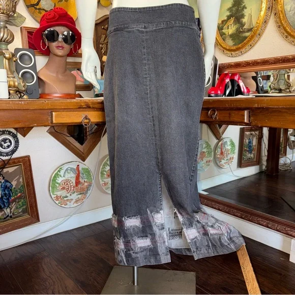 CROSSING POINTE SZ 8 VINTAGE Gray/black Denim Jean Maxi Skirt - Picture 2 of 8